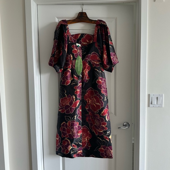 Farm Rio Black Shiny Chita Short Sleeve Midi Dress - Picture 8 of 9